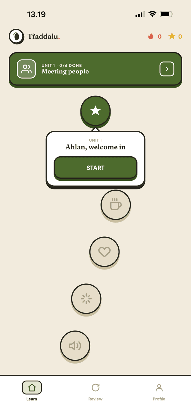Tfaddalu's Learn tab: Unit 1, Meeting people, with the first lesson ready to start