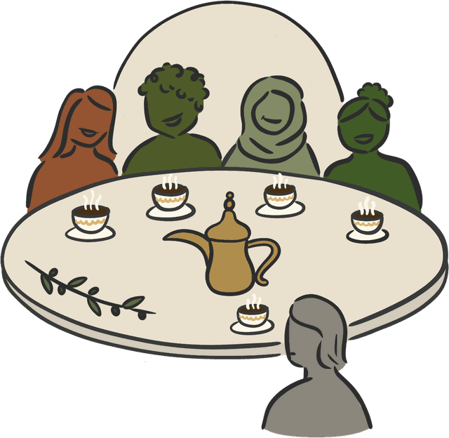 A family around a table with coffee, one person sitting apart in grey